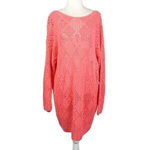 Vintage 90s Sarah Arizona Coral Orange Crochet Knit Mini Sweater Dress XL